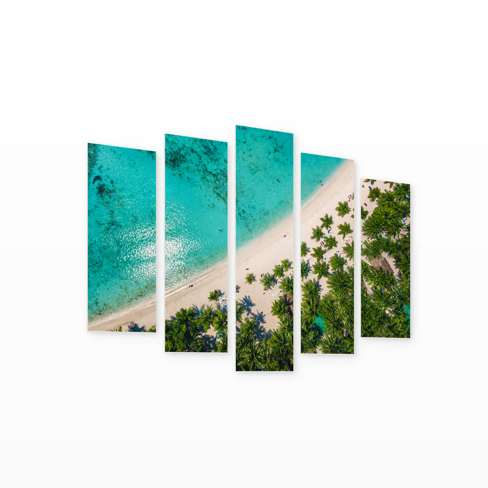 View of a Tropical Beach with Dreamlike Atmosphere — five-panel wall art on white background in perspective | 5wallart 52204 M1