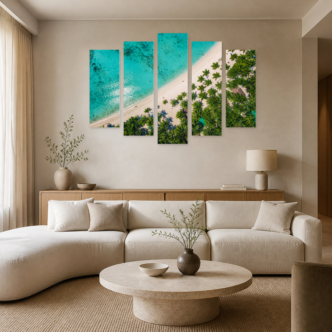 View of a Tropical Beach with Dreamlike Atmosphere — five-panel wall art in alternate frontal interior | 5wallart 52204 M4