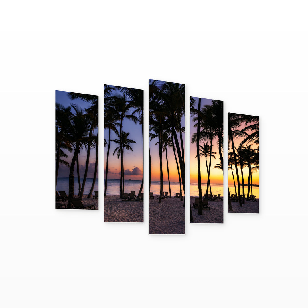 Sunrise at a Tropical Beach with Dreamlike Atmosphere — five-panel wall art on white background in perspective | 5wallart 52207 M1