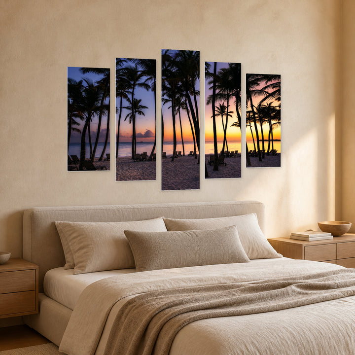 Sunrise at a Tropical Beach with Dreamlike Atmosphere — five-panel wall art in perspective interior | 5wallart 52207 M2