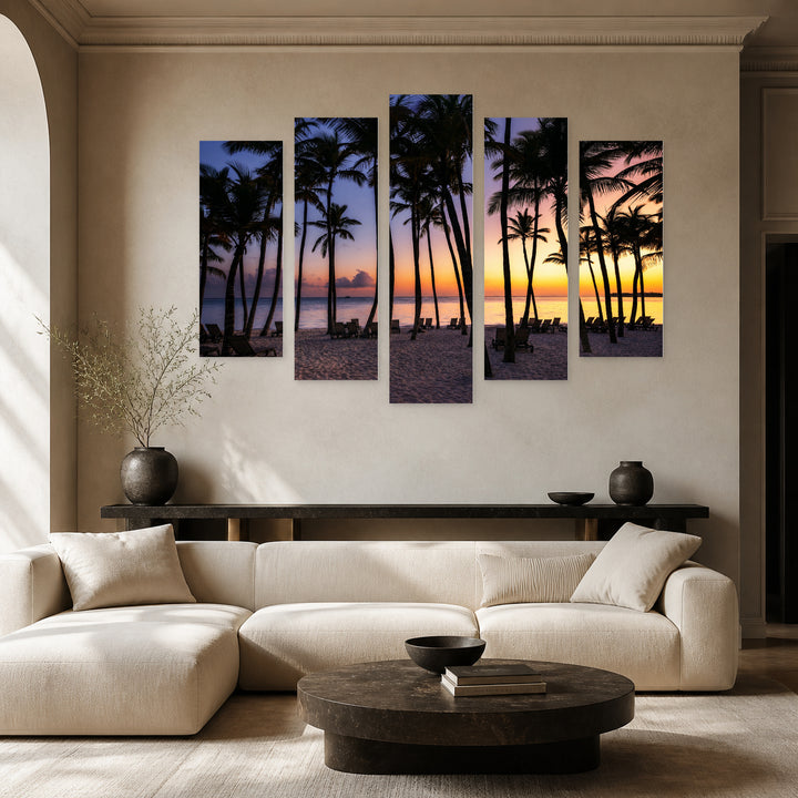 Sunrise at a Tropical Beach with Dreamlike Atmosphere — five-panel wall art in frontal interior | 5wallart 52207 M3