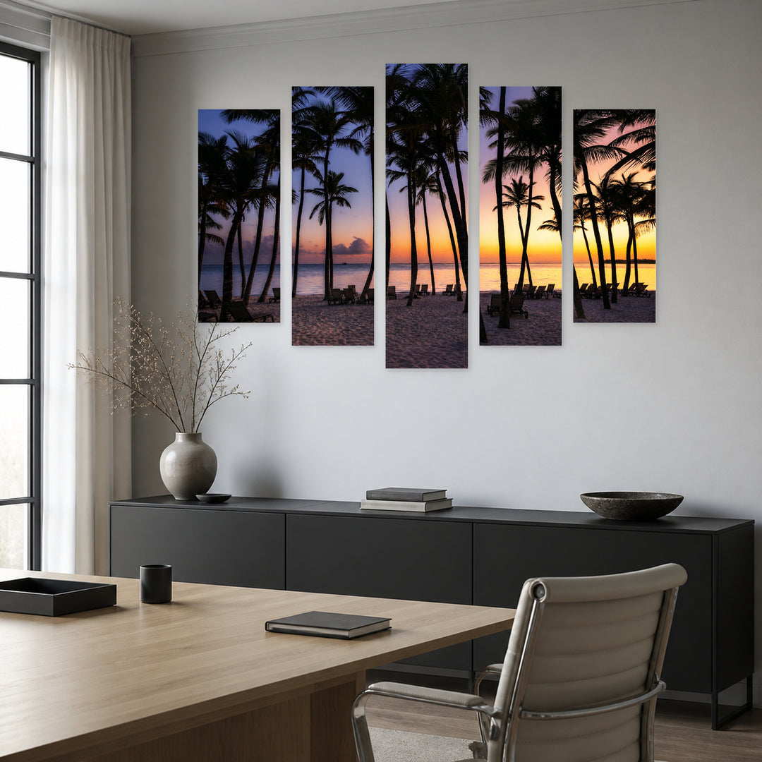 Sunrise at a Tropical Beach with Dreamlike Atmosphere — five-panel wall art in alternate frontal interior | 5wallart 52207 M4