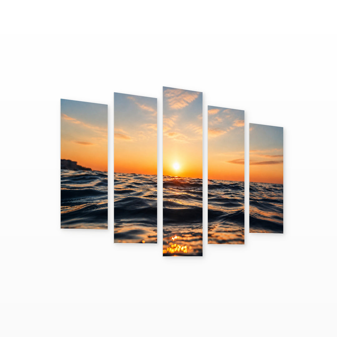 Ocean Waves at Golden Sunset — five-panel wall art on white background in perspective | 5wallart 52208 M1