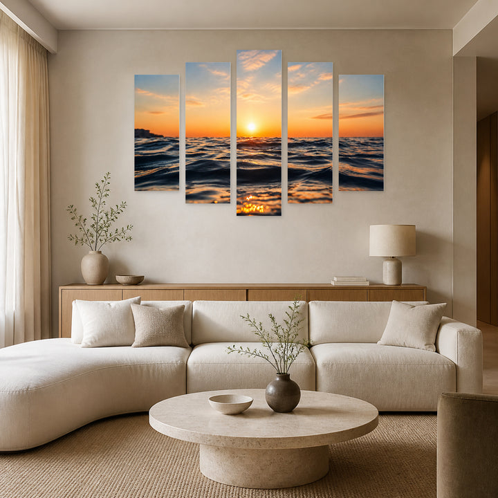 Ocean Waves at Golden Sunset — five-panel wall art in alternate frontal interior | 5wallart 52208 M4