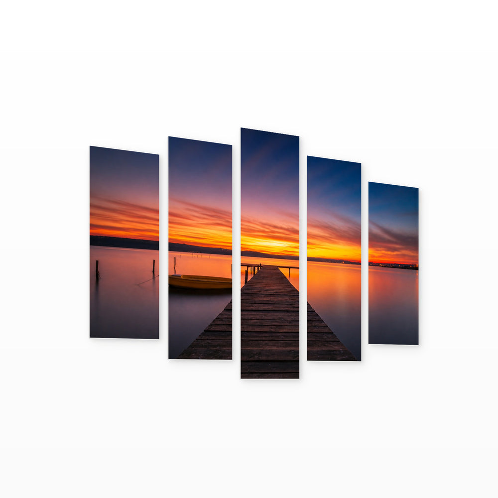 Wooden Dock at Golden Sunset — five-panel wall art on white background in perspective | 5wallart 52209 M1