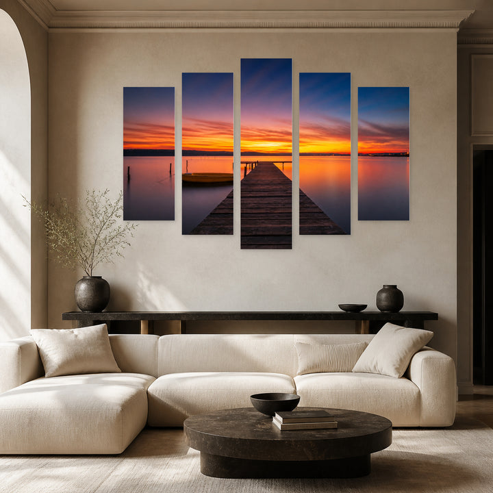 Wooden Dock at Golden Sunset — five-panel wall art in frontal interior | 5wallart 52209 M3