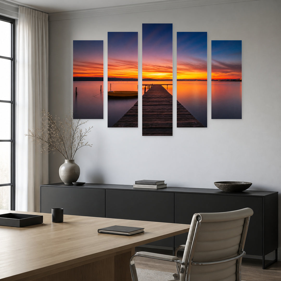 Wooden Dock at Golden Sunset — five-panel wall art in alternate frontal interior | 5wallart 52209 M4
