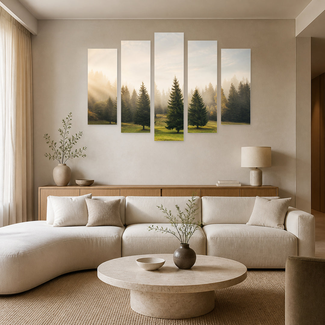 Pine Trees in Serene Light — five-panel wall art in frontal interior | 5wallart 52215 M3