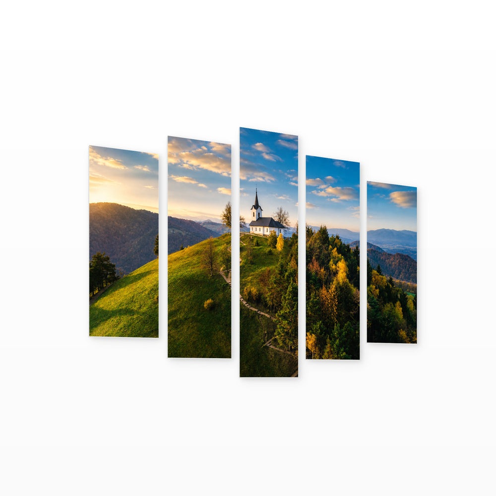 St. Jacob in Blue and Gold — five-panel wall art on white background in perspective | 5wallart 52216 M1