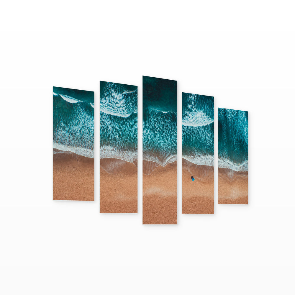 Beach with Turquoise Sea Waves in Serene Light — five-panel wall art on white background in perspective | 5wallart 52217 M1