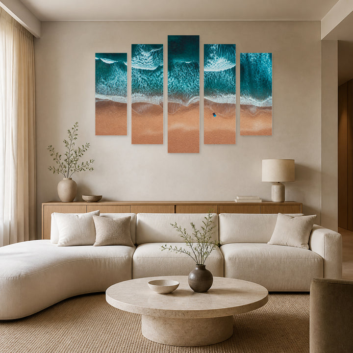 Beach with Turquoise Sea Waves in Serene Light — five-panel wall art in frontal interior | 5wallart 52217 M3