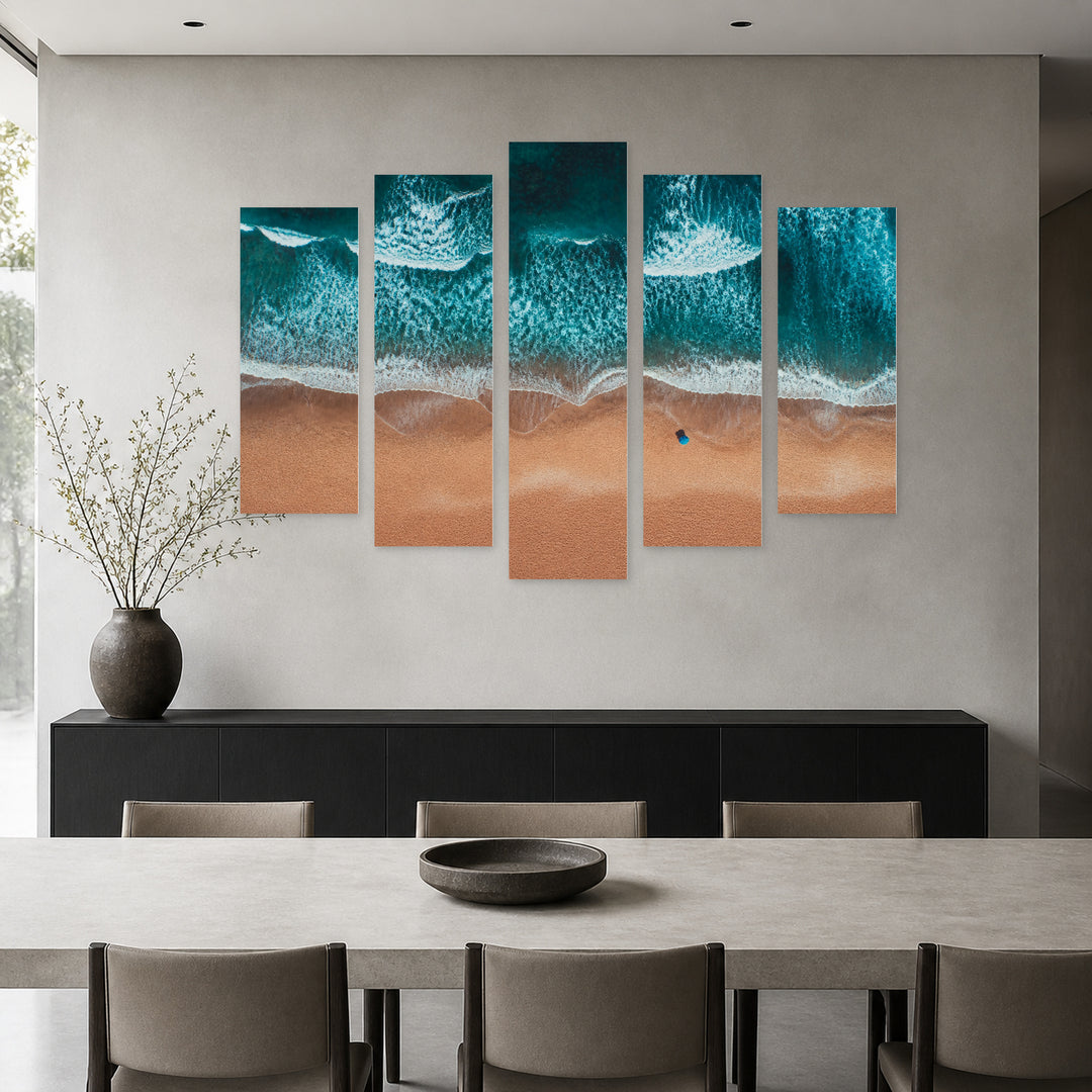 Beach with Turquoise Sea Waves in Serene Light — five-panel wall art in alternate frontal interior | 5wallart 52217 M4