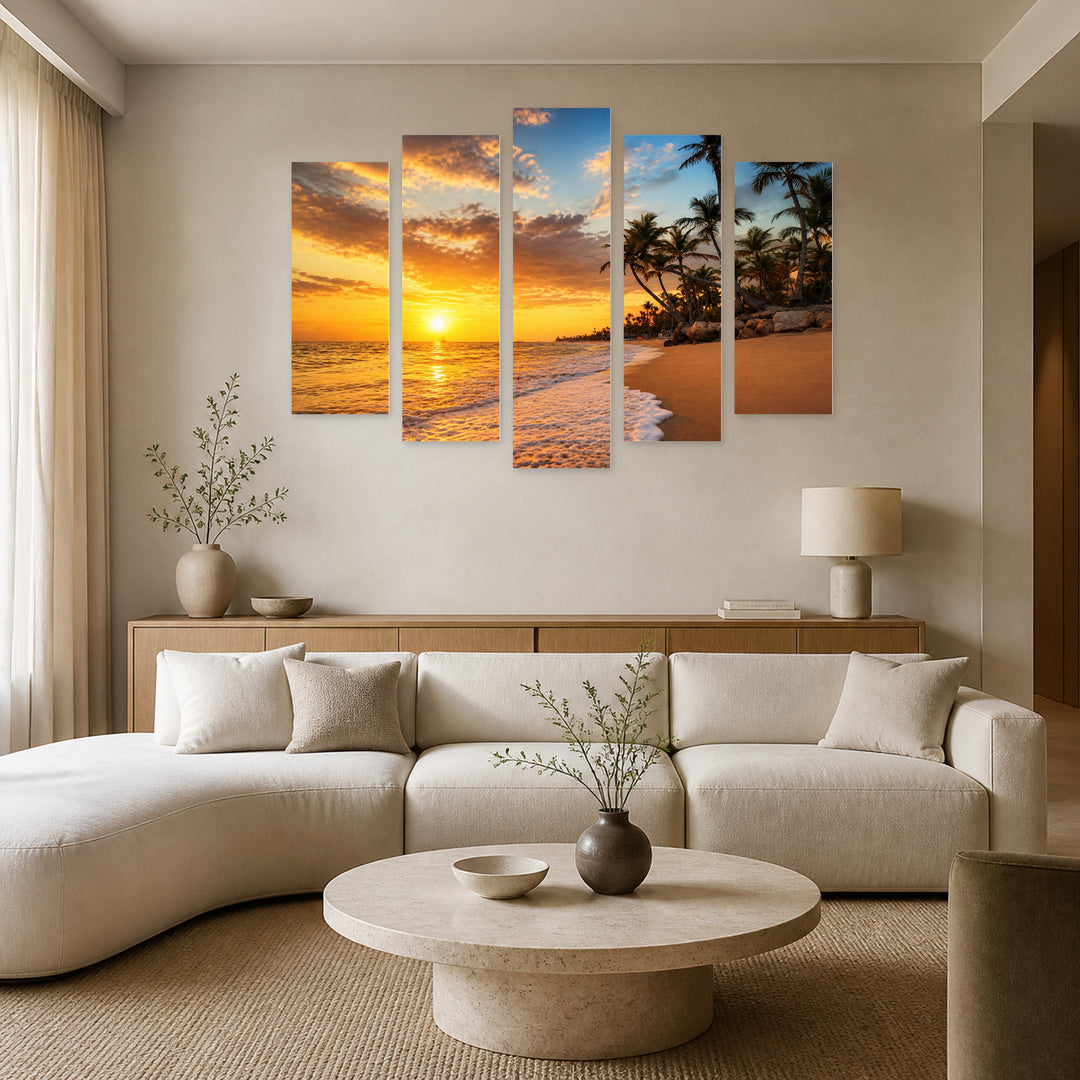 Paradise Tropical Beach with Dreamlike Atmosphere — five-panel wall art in alternate frontal interior | 5wallart 52218 M4