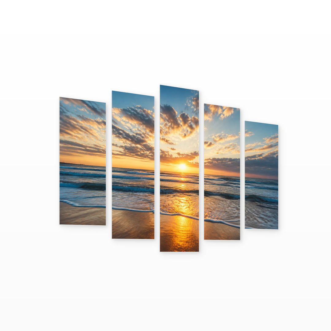 Cloudy Seascape in Serene Light — five-panel wall art on white background in perspective | 5wallart 52219 M1