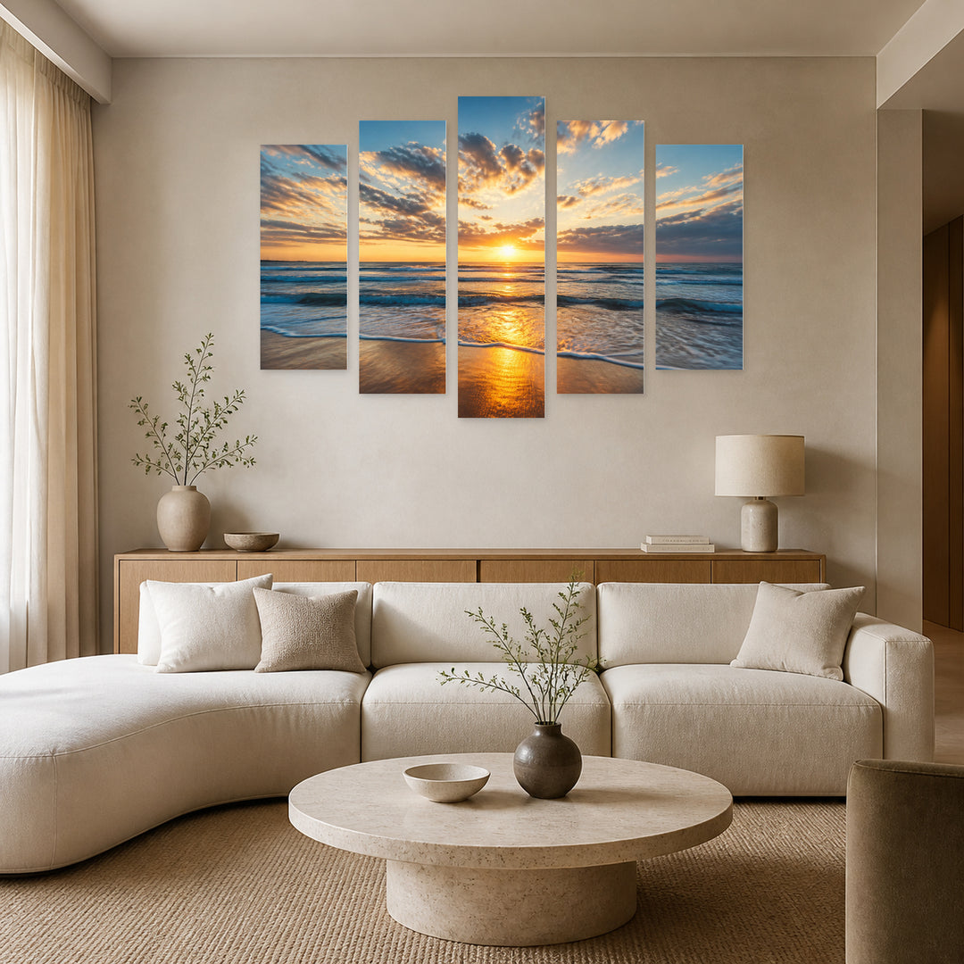 Cloudy Seascape in Serene Light — five-panel wall art in frontal interior | 5wallart 52219 M3
