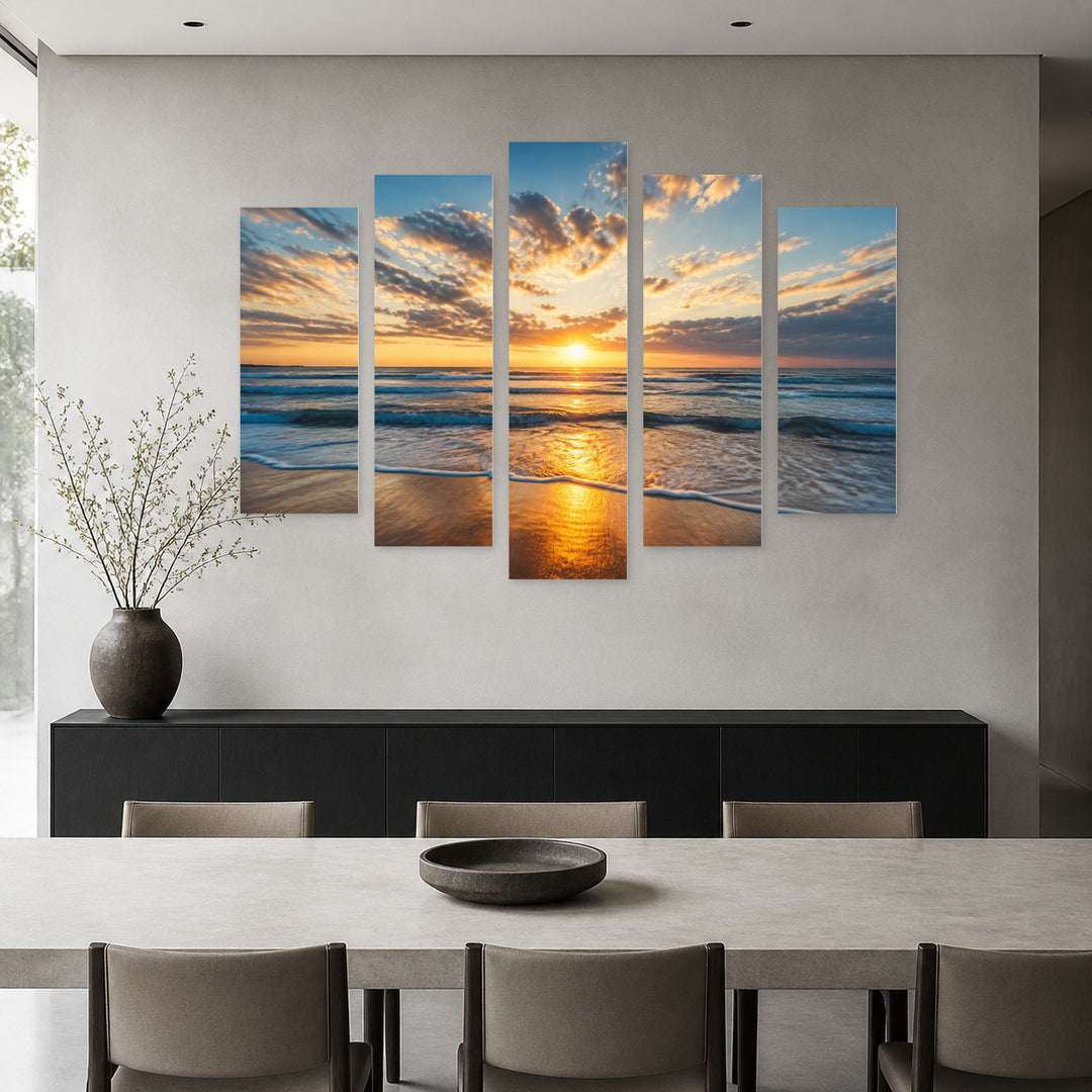 Cloudy Seascape in Serene Light — five-panel wall art in alternate frontal interior | 5wallart 52219 M4