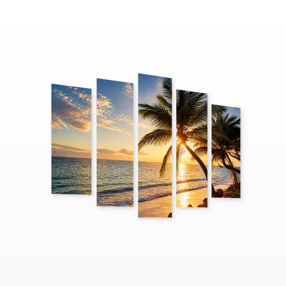 Sunrise at a Tropical Beach with Geometric Rhythm — five-panel wall art on white background in perspective | 5wallart 52221 M1