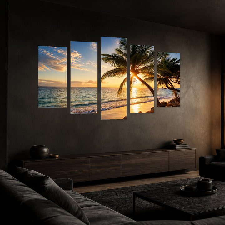 Sunrise at a Tropical Beach with Geometric Rhythm — five-panel wall art in perspective interior | 5wallart 52221 M2