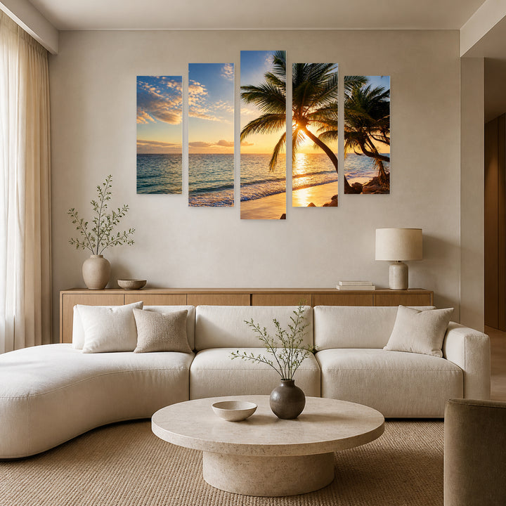 Sunrise at a Tropical Beach with Geometric Rhythm — five-panel wall art in frontal interior | 5wallart 52221 M3