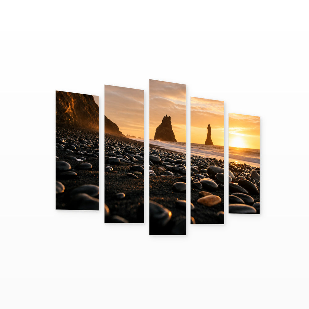 Rocks on a Black Beach at Golden Sunset — five-panel wall art on white background in perspective | 5wallart 52227 M1