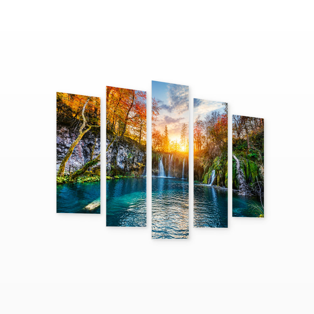 Waterfall in Plitvice Lakes with Dreamlike Atmosphere — five-panel wall art on white background in perspective | 5wallart 52235 M1