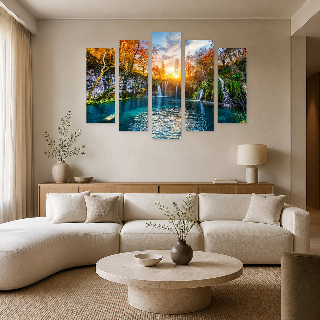 Waterfall in Plitvice Lakes with Dreamlike Atmosphere — five-panel wall art in frontal interior | 5wallart 52235 M3