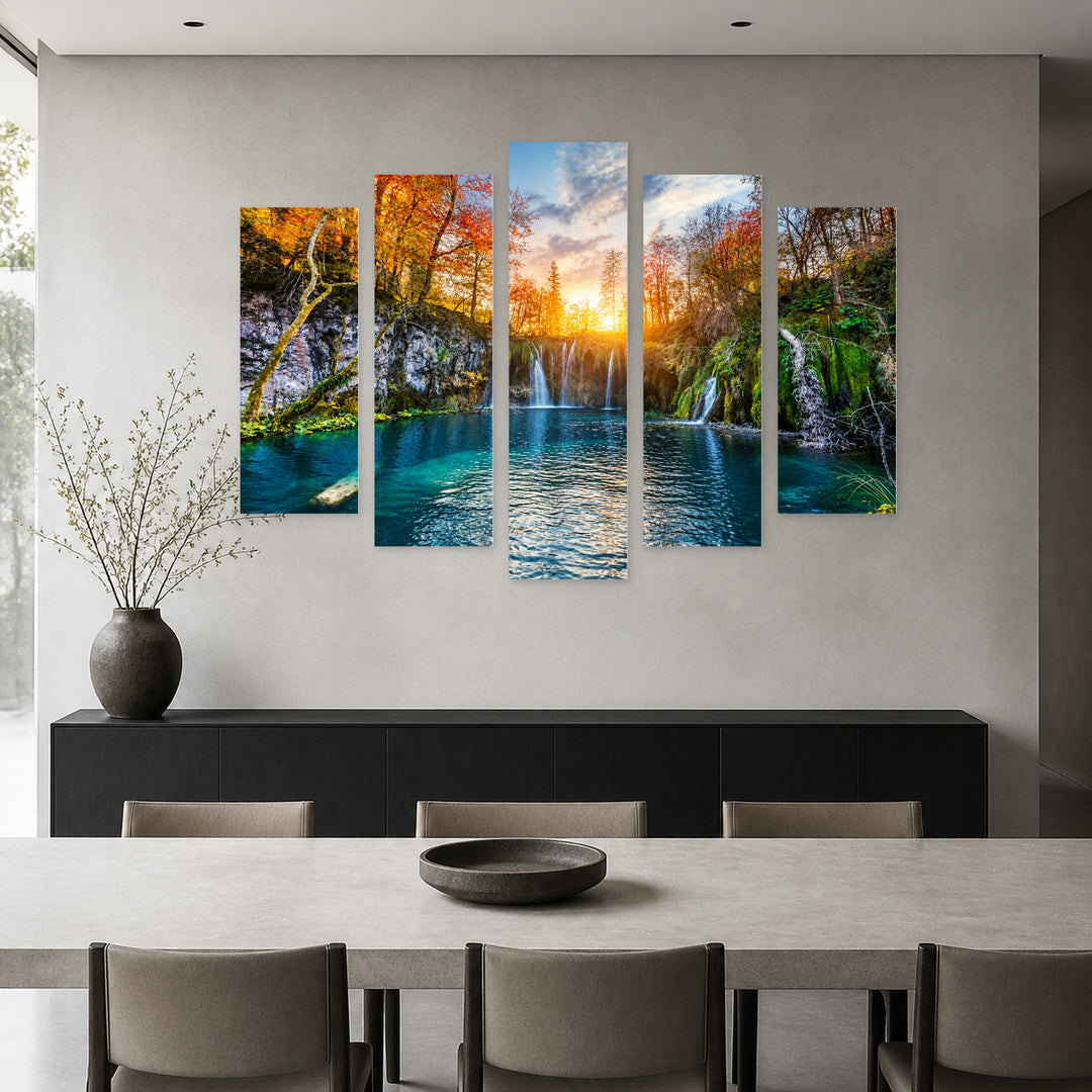 Waterfall in Plitvice Lakes with Dreamlike Atmosphere — five-panel wall art in alternate frontal interior | 5wallart 52235 M4