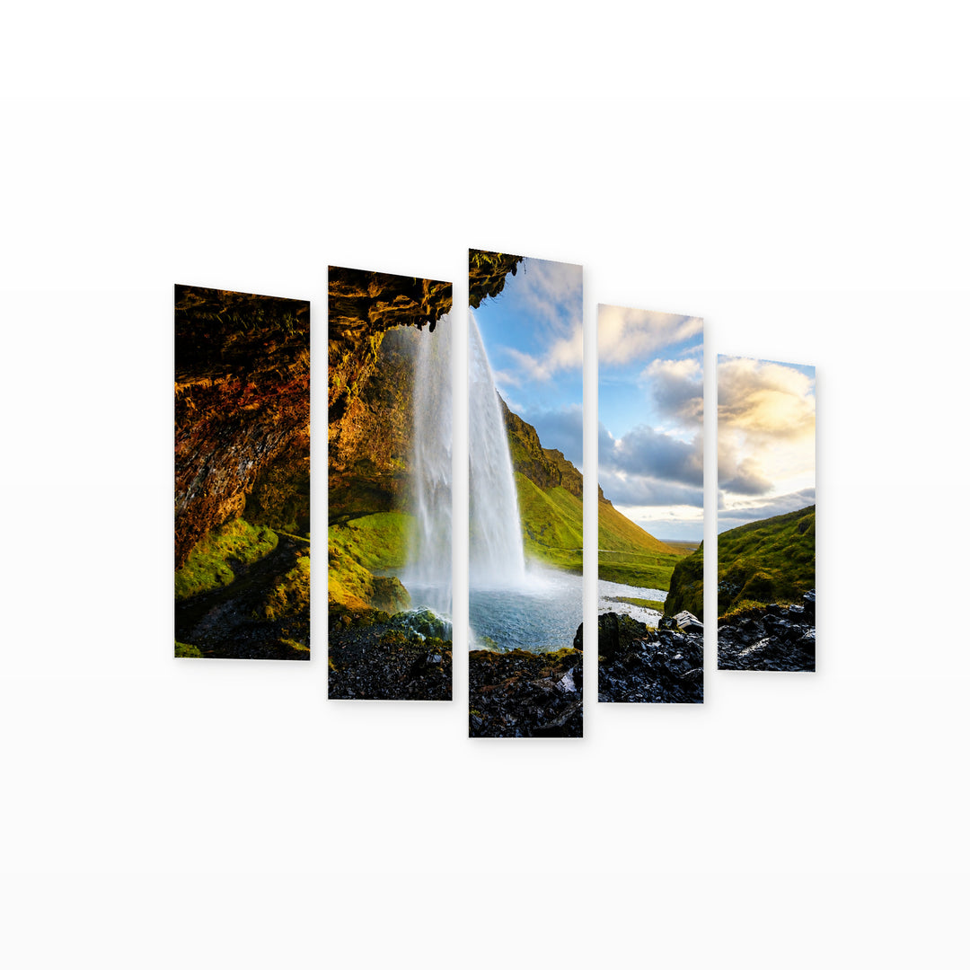 Waterfall in Iceland in Serene Light — five-panel wall art on white background in perspective | 5wallart 52238 M1