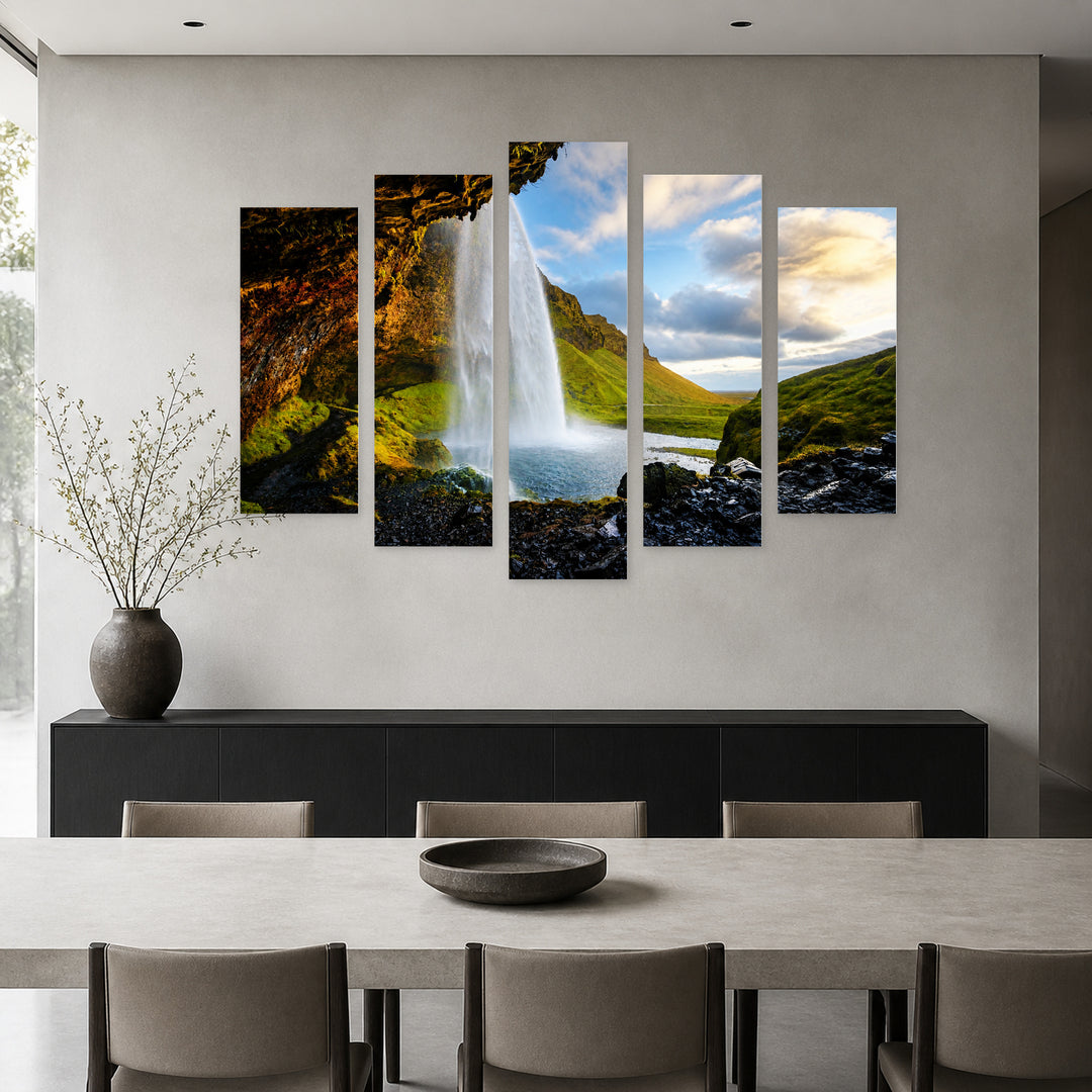 Waterfall in Iceland in Serene Light — five-panel wall art in frontal interior | 5wallart 52238 M3