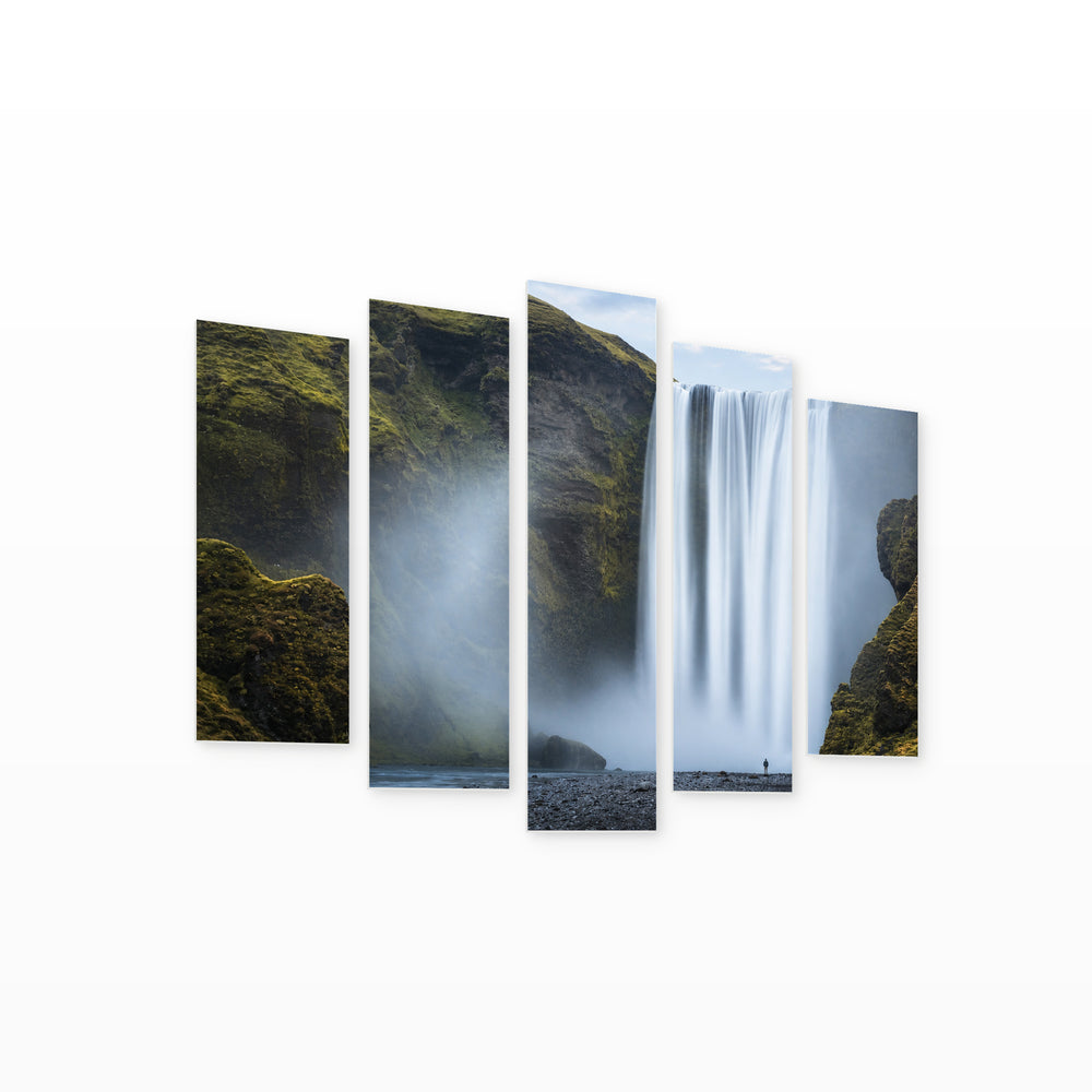 Waterfall at Skogafoss in Serene Light — five-panel wall art on white background in perspective | 5wallart 52239 M1