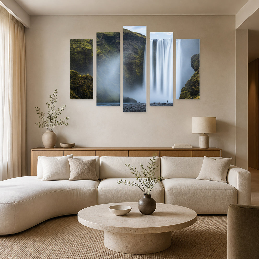 Waterfall at Skogafoss in Serene Light — five-panel wall art in frontal interior | 5wallart 52239 M3