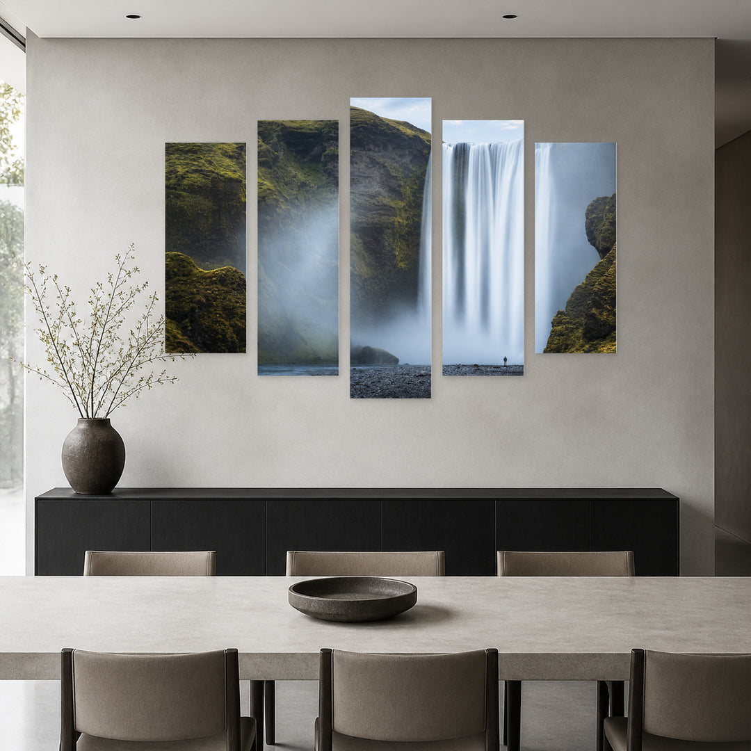 Waterfall at Skogafoss in Serene Light — five-panel wall art in alternate frontal interior | 5wallart 52239 M4