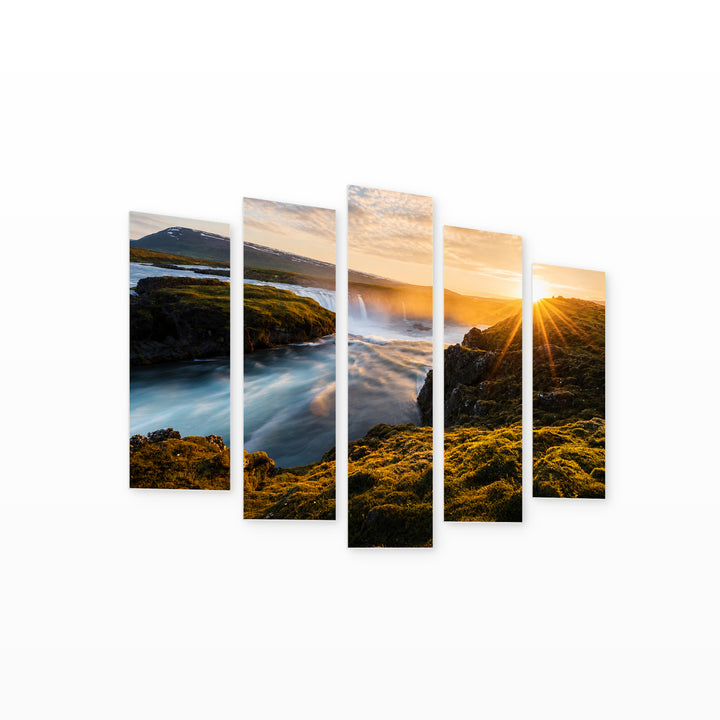 Sunny Sunrise at a Waterfall in Serene Light — five-panel wall art on white background in perspective | 5wallart 52240 M1
