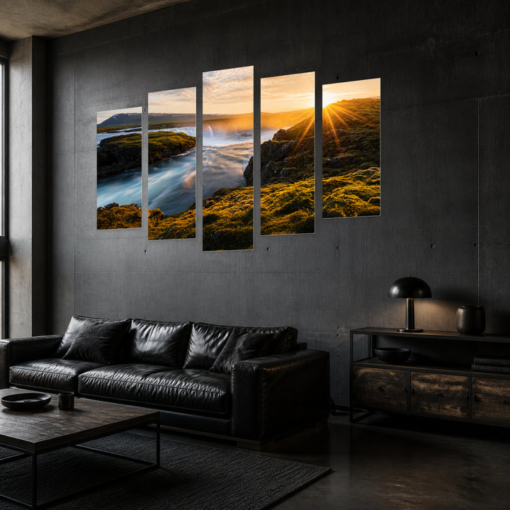 Sunny Sunrise at a Waterfall in Serene Light — five-panel wall art in perspective interior | 5wallart 52240 M2