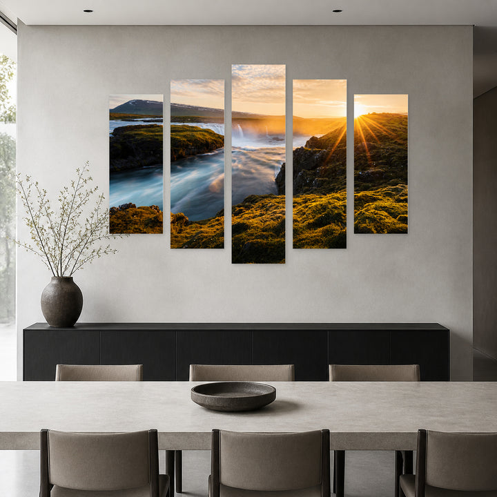 Sunny Sunrise at a Waterfall in Serene Light — five-panel wall art in frontal interior | 5wallart 52240 M3