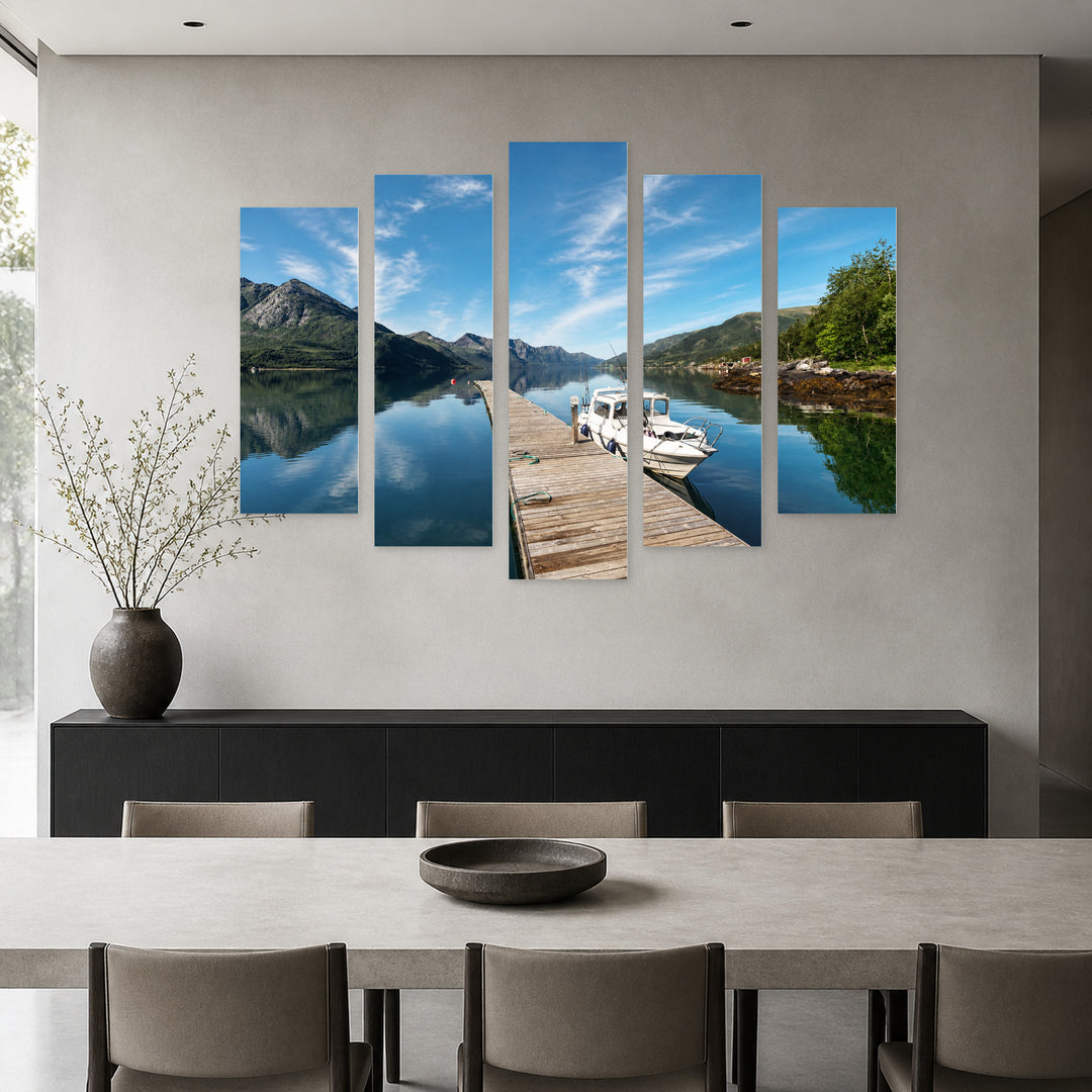 Lake in Norway with Dreamlike Atmosphere — five-panel wall art in alternate frontal interior | 5wallart 52245 M4