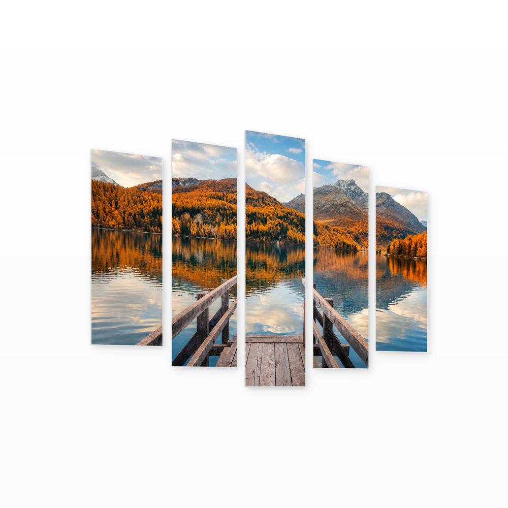 Lake Sils in Autumn with Dreamlike Atmosphere — five-panel wall art on white background in perspective | 5wallart 52246 M1