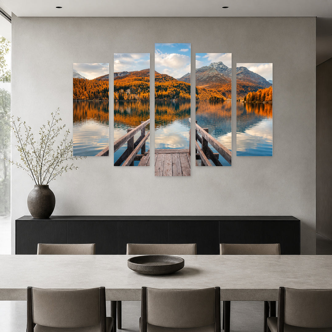Lake Sils in Autumn with Dreamlike Atmosphere — five-panel wall art in frontal interior | 5wallart 52246 M3