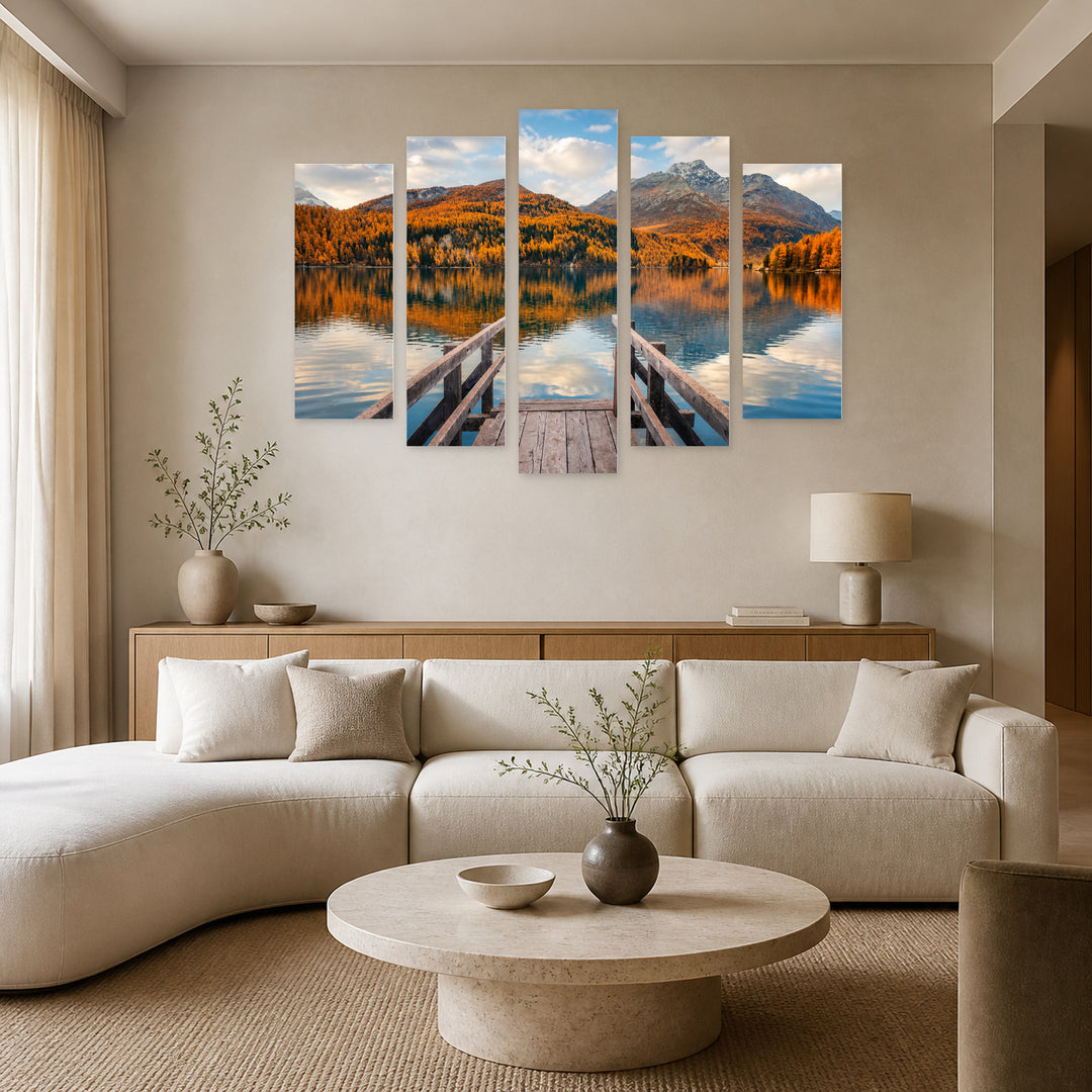 Lake Sils in Autumn with Dreamlike Atmosphere — five-panel wall art in alternate frontal interior | 5wallart 52246 M4