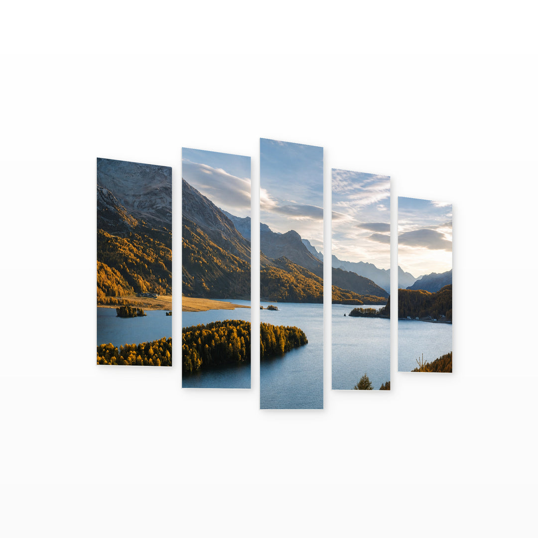 Lake Sils in Serene Light — five-panel wall art on white background in perspective | 5wallart 52247 M1