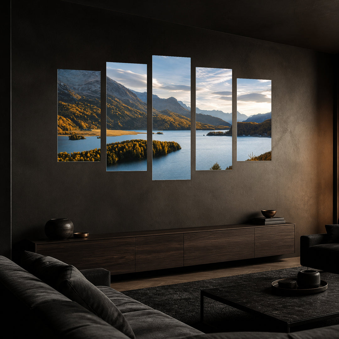 Lake Sils in Serene Light — five-panel wall art in perspective interior | 5wallart 52247 M2