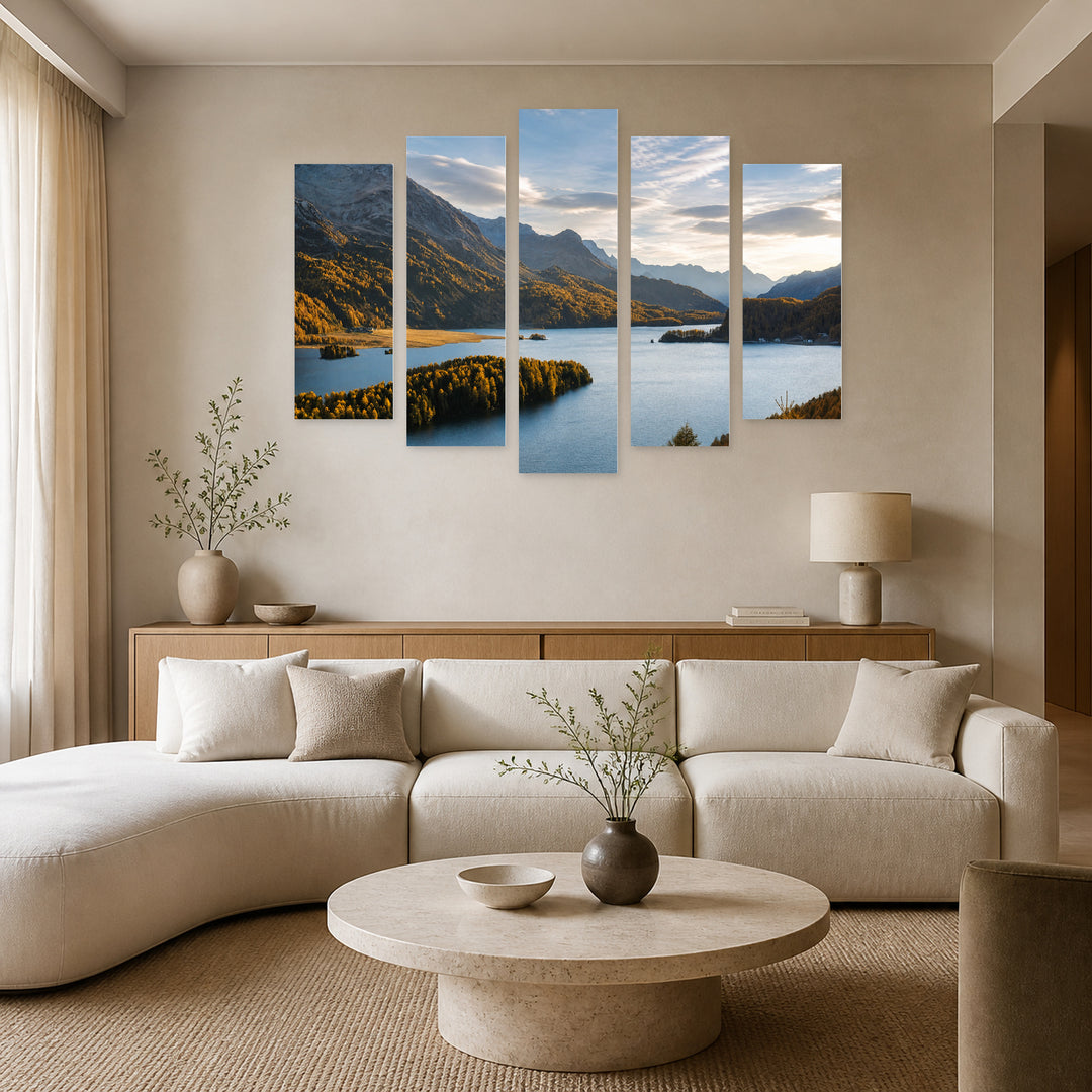 Lake Sils in Serene Light — five-panel wall art in frontal interior | 5wallart 52247 M3