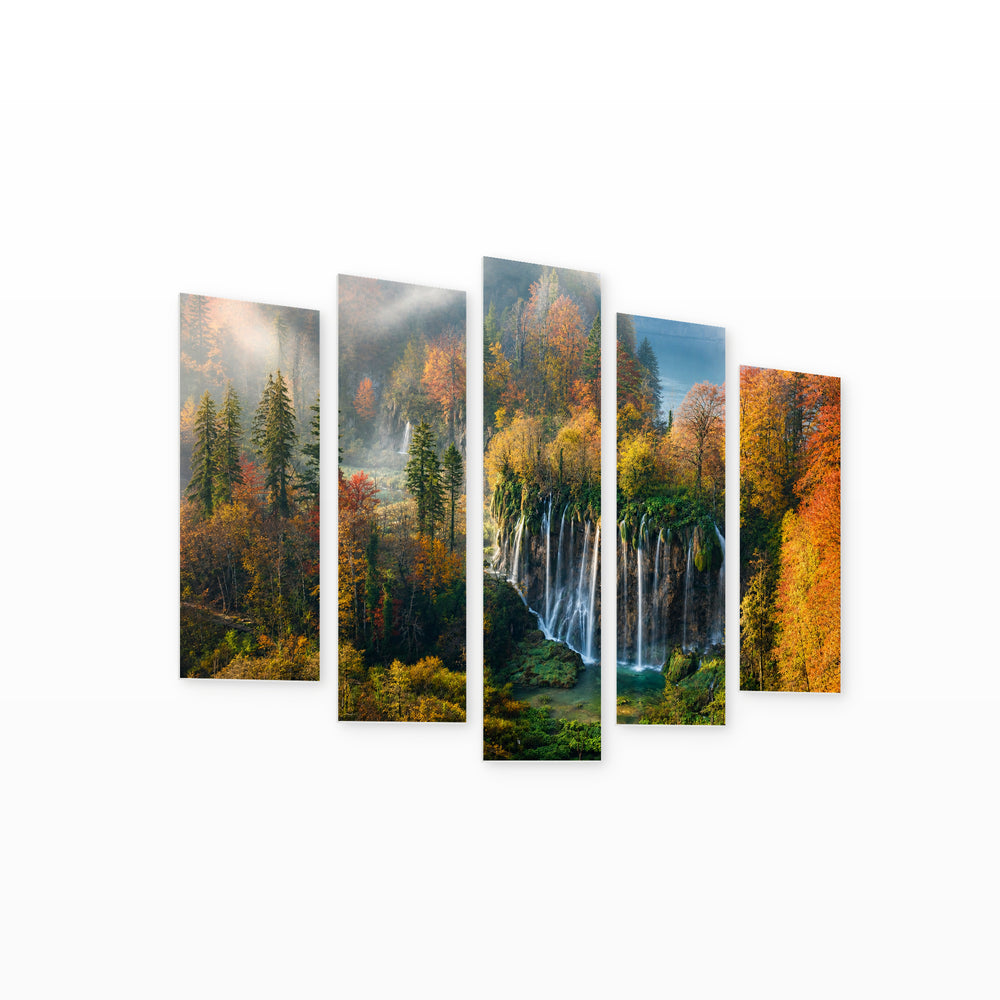 Waterfall in Plitvice in Serene Light — five-panel wall art on white background in perspective | 5wallart 52248 M1
