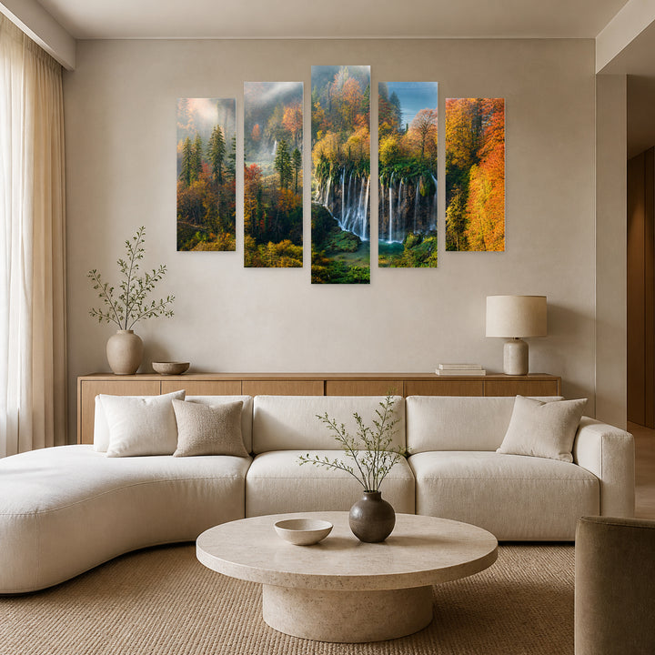 Waterfall in Plitvice in Serene Light — five-panel wall art in alternate frontal interior | 5wallart 52248 M4