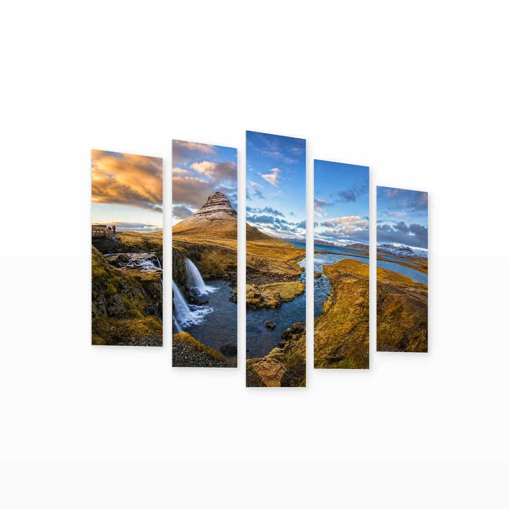 Nature Landscape in Blue and Gold — five-panel wall art on white background in perspective | 5wallart 52249 M1