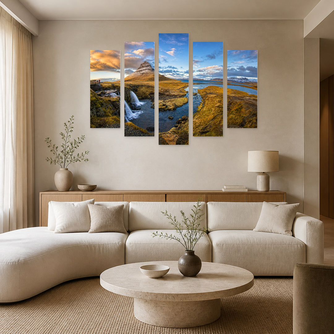 Nature Landscape in Blue and Gold — five-panel wall art in frontal interior | 5wallart 52249 M3