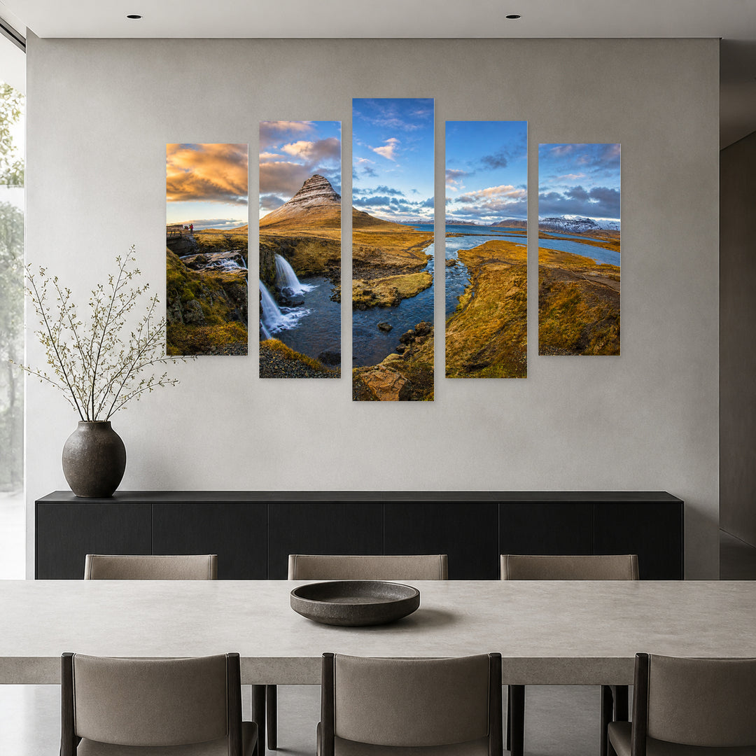 Nature Landscape in Blue and Gold — five-panel wall art in alternate frontal interior | 5wallart 52249 M4