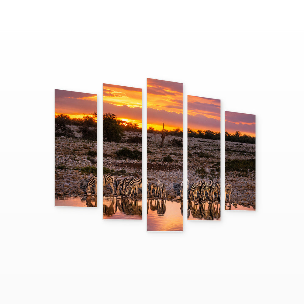 Golden Sunset over Zebras — five-panel wall art on white background in perspective | 5wallart 52253 M1