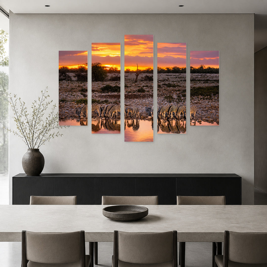 Golden Sunset over Zebras — five-panel wall art in alternate frontal interior | 5wallart 52253 M4