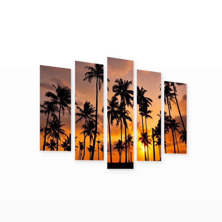 Silhouette of Coconut Trees at Golden Sunset — five-panel wall art on white background in perspective | 5wallart 52254 M1